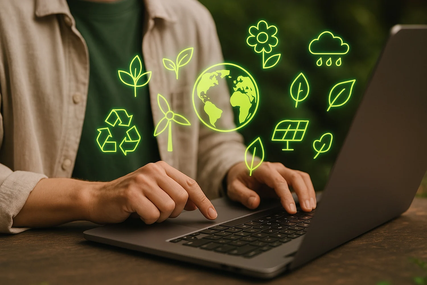 Profissional trabalhando em notebook com ícones de sustentabilidade