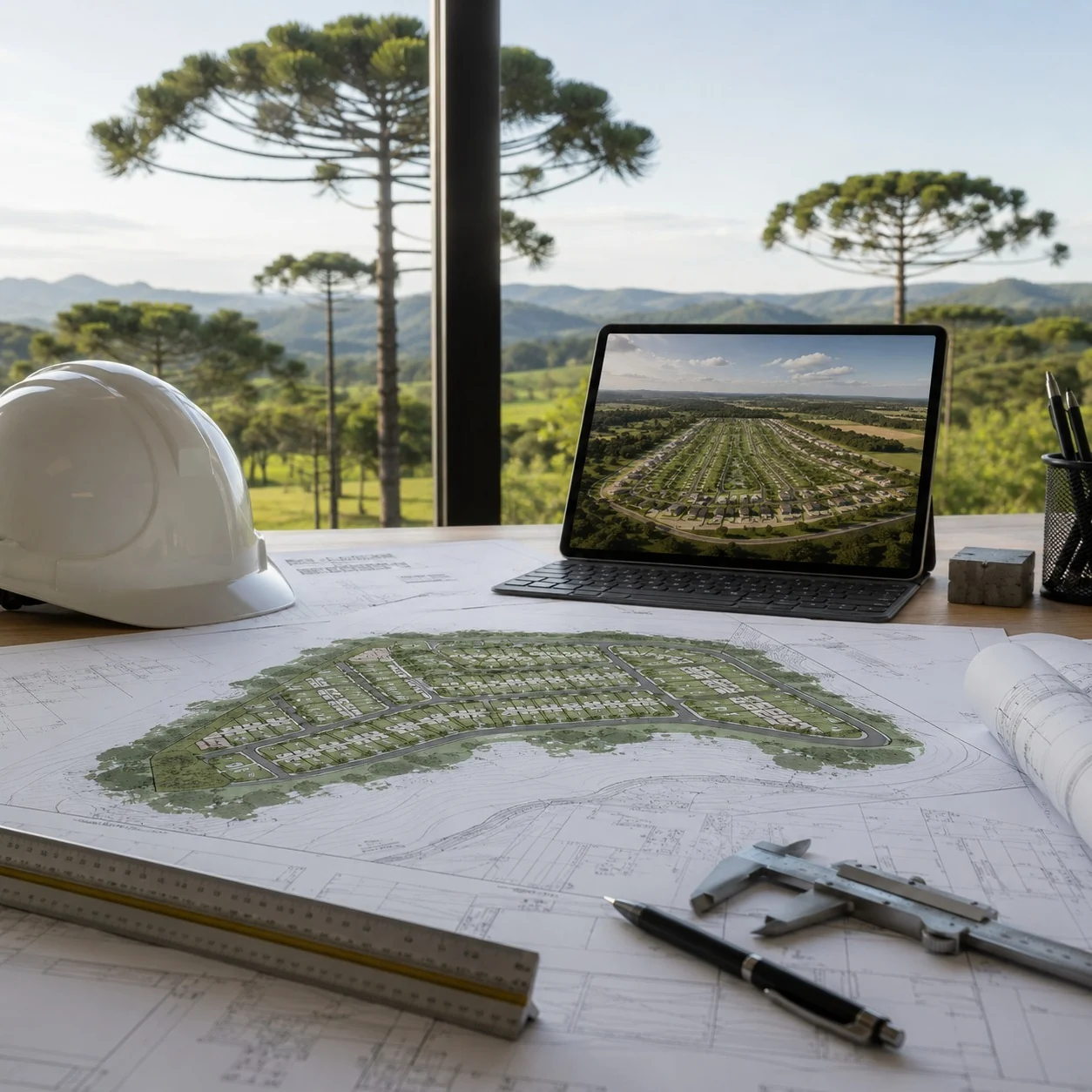 Mesa técnica com projeto de loteamento e vista de araucárias