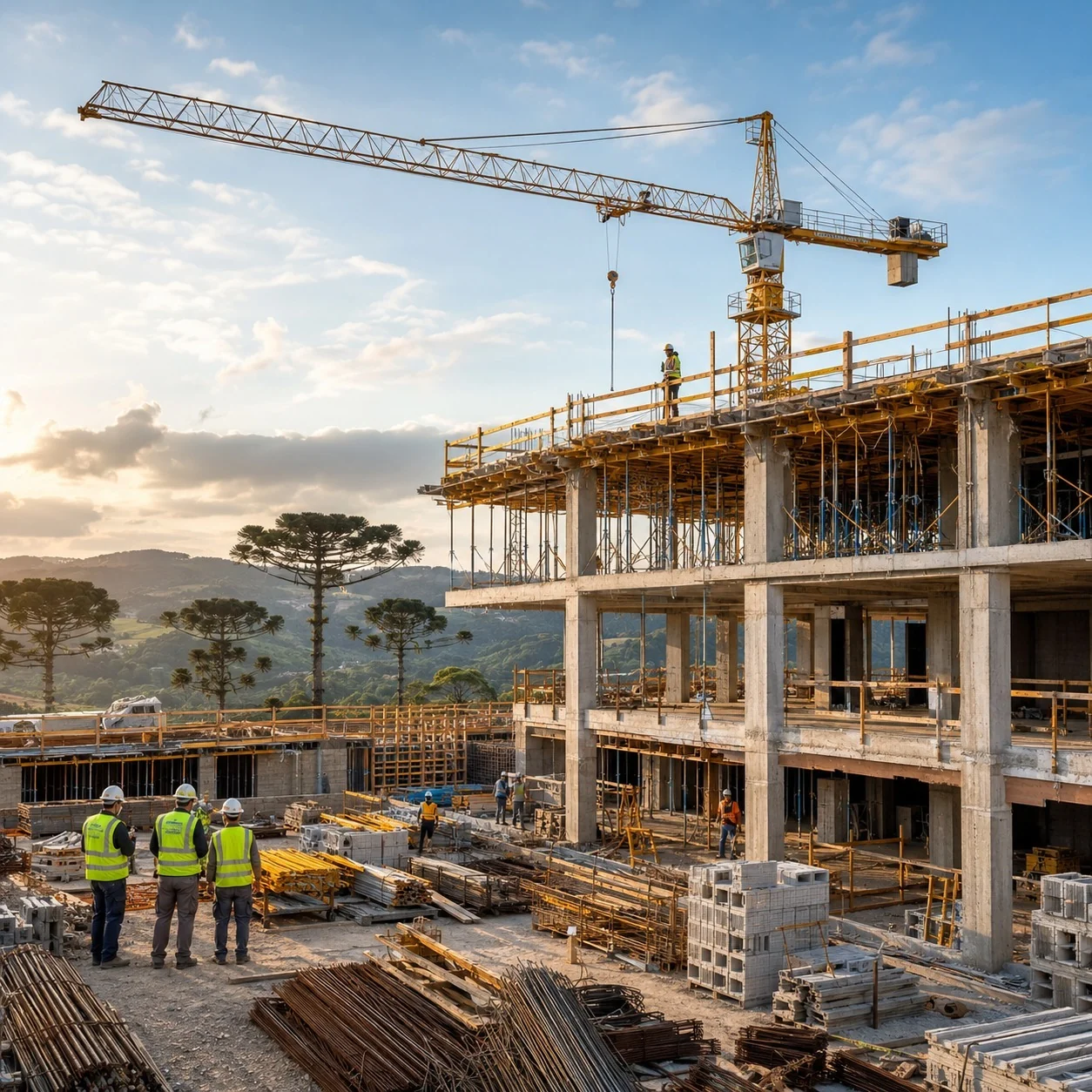 Obra de construção civil com guindaste em área de araucárias